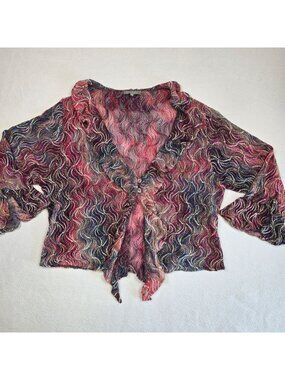 Sahara XL Sheer Button Front Top Cardigan Wavy Pattern Boho Artsy Tie Dye